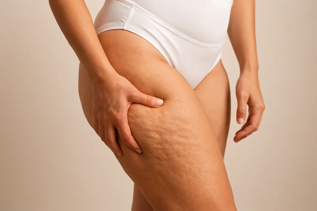 mujer mostrando celulitis en las piernas en etapa inicial clinica del fitness 1024x683