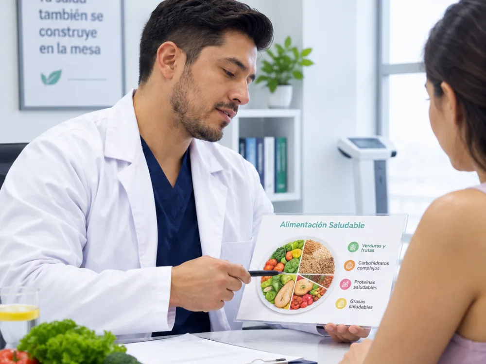 Médico explicando a una paciente un plan de alimentación saludable con el plato de grupos de alimentos