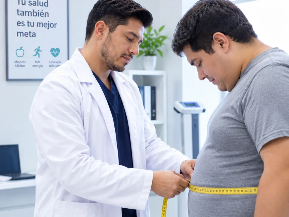 Médico midiendo el perímetro abdominal con una cinta métrica a un paciente con sobrepeso